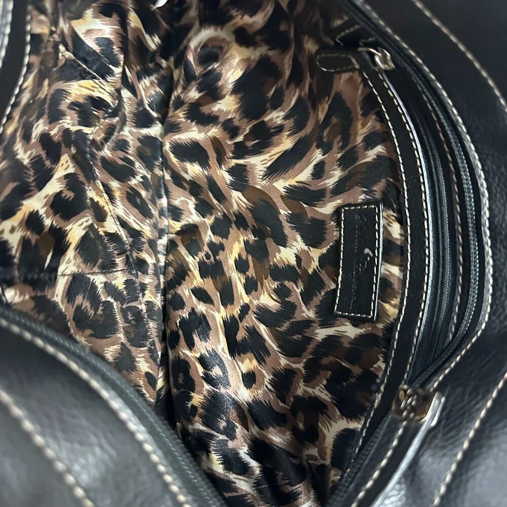 Sophia Caperelli Black Leather Hobo Shoulder Bag With Leopard Print Lining